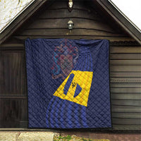 Deep blue quilted wall-hanging style blanket with Barbados flag yellow diamond