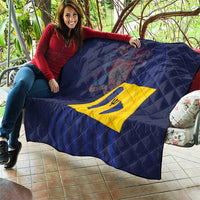 Dark blue quilted throw blanket with Barbados flag emblem and yellow diamond