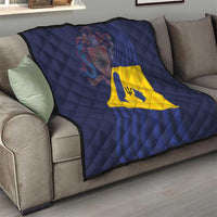 Blue quilted sofa throw blanket with yellow Barbados flag design