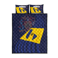 Barbados flag quilt bed set with two pillowcases, blue quilt with yellow trident emblem