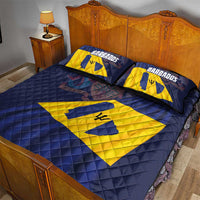 Blue and yellow Barbados flag quilt bed set with two pillowcases, trident emblem on quilt