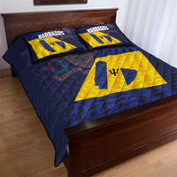 Blue Barbados flag quilt bed set with two pillowcases and yellow flag corner panel