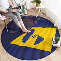 Round carpet with Barbados flag design, blue border and bold yellow center