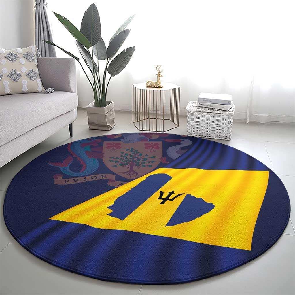 Round Barbados flag design carpet on floor, blue edge with yellow center flag