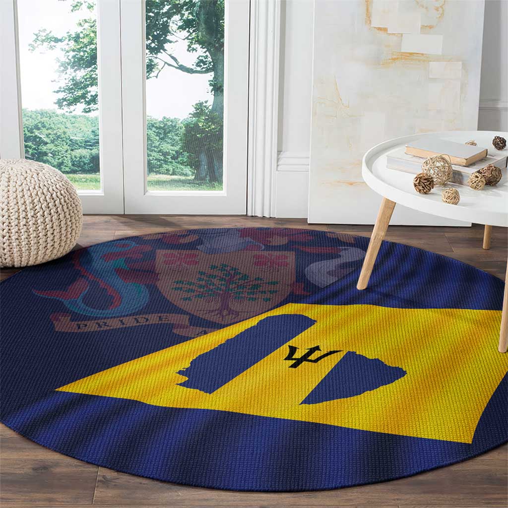Round carpet with blue border and yellow Barbados flag graphic on wood floor