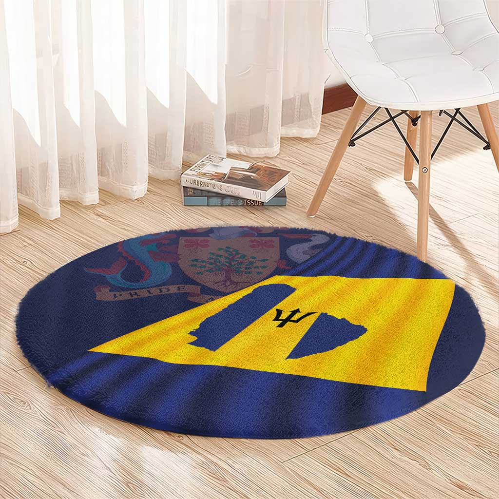 Round Barbados flag carpet, blue edge with yellow center flag design