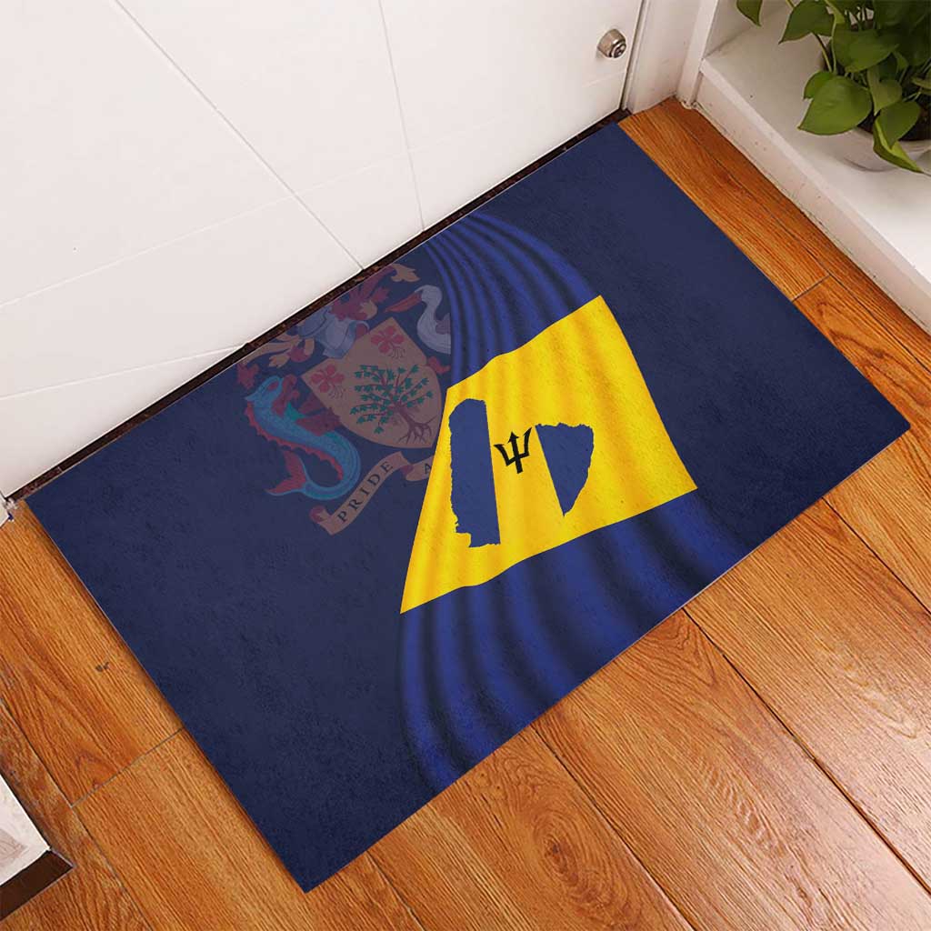 Blue rubber doormat with Barbados flag featuring yellow diagonal banner