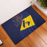 Blue rubber doormat with Barbados flag featuring yellow diagonal banner