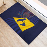 Blue rubber doormat with Barbados flag shield icon in yellow on navy background
