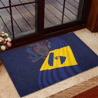 Blue rubber doormat with Barbados flag center shield and wave graphics