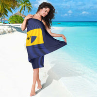 Navy blue sarong with yellow diagonal emblem, knotted wrap drape