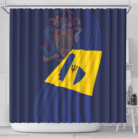 Barbados flag shower curtain, blue curtain with large yellow diagonal banner and emblem, rings
