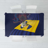 Barbados flag tablecloth with navy blue field, yellow diagonal cross, and crest center