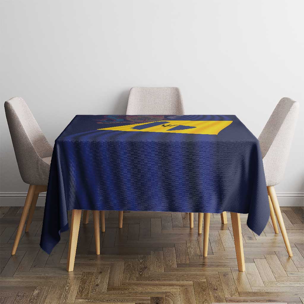 Barbados flag tablecloth on round table, navy blue with centered yellow diagonal cross