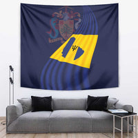 Rectangular national flag tapestry with blue waves and yellow diagonal emblem, wall-hung.