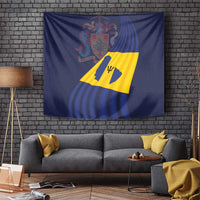 Rectangular blue tapestry featuring yellow diagonal flag design with coat-of-arms crest.