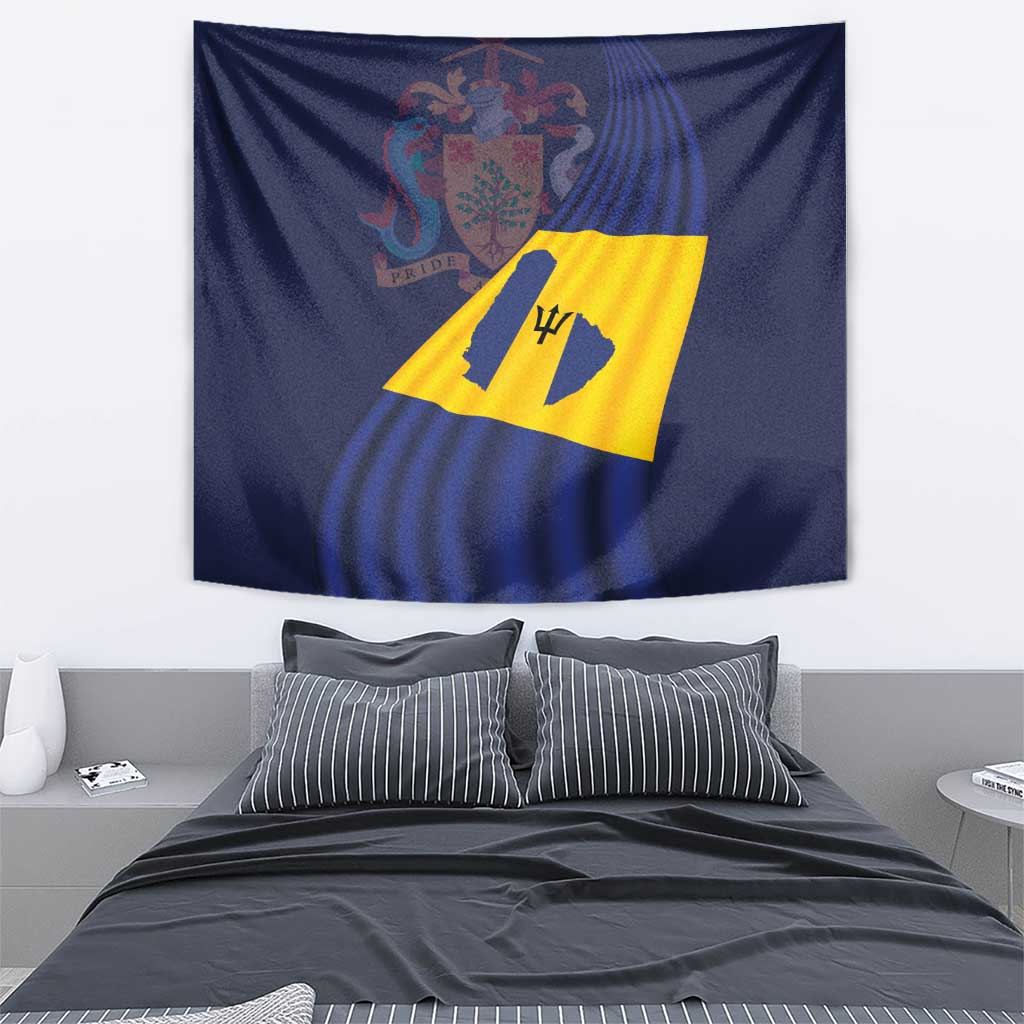 Rectangular wall-hanging tapestry with blue background and yellow emblem in diagonal shape.