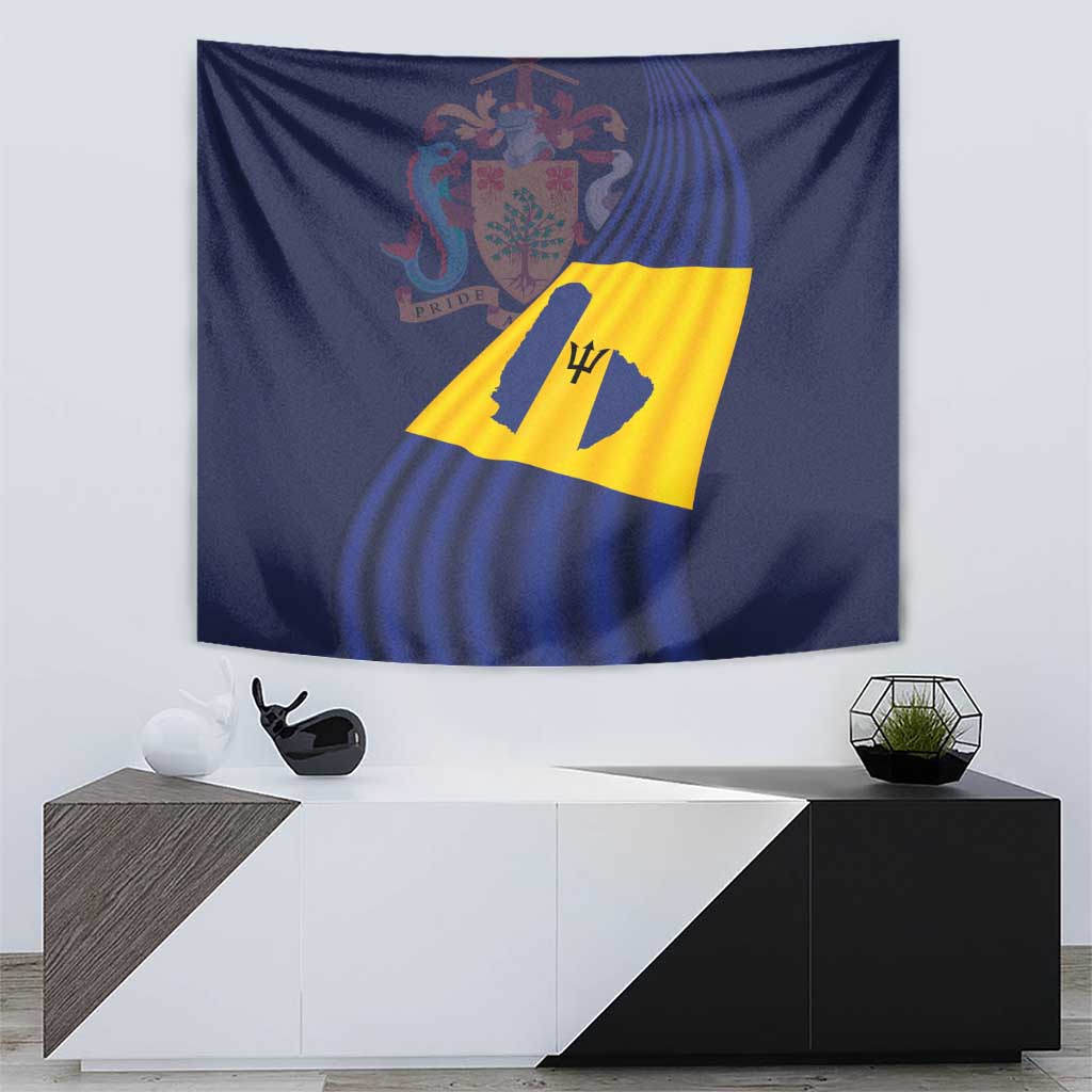 Rectangular national flag tapestry in blue with yellow emblem and crest, hanging on wall.