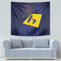 Rectangular national flag tapestry, blue fabric with yellow diagonal panel and crest emblem.