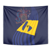 Close-up rectangular tapestry with blue field, yellow diagonal panel, and coat-of-arms crest.
