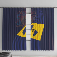 Two blue curtain panels with Barbados flag design, centered on a window