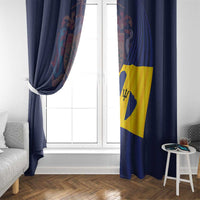 Blue window curtain panel with Barbados flag print, neatly side-gathered