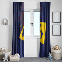 Blue curtains with Barbados flag design framing a front door window