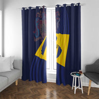 Blue window curtain panel with Barbados flag design, top hanging rings