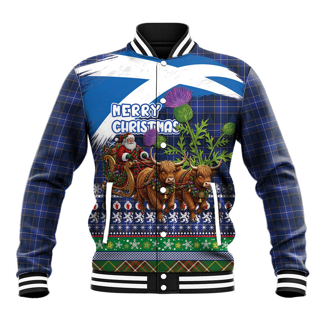 Scotland Christmas Baseball Jacket Scottish Santa Claus Riding Highland Cow Sleigh