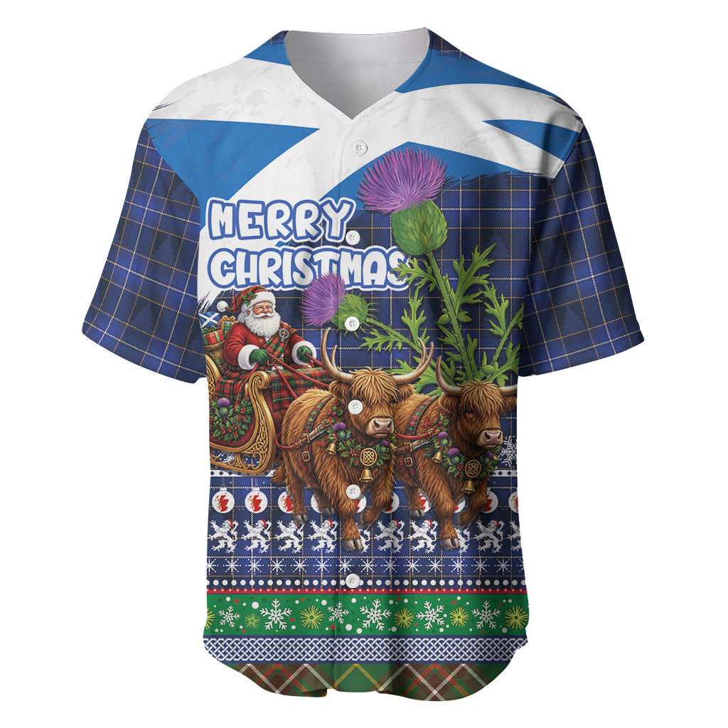 Scotland Christmas Baseball Jersey Scottish Santa Claus Riding Highland Cow Sleigh