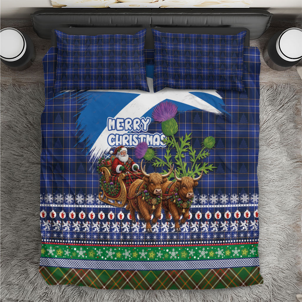 Scotland Christmas Bedding Set Scottish Santa Claus Riding Highland Cow Sleigh