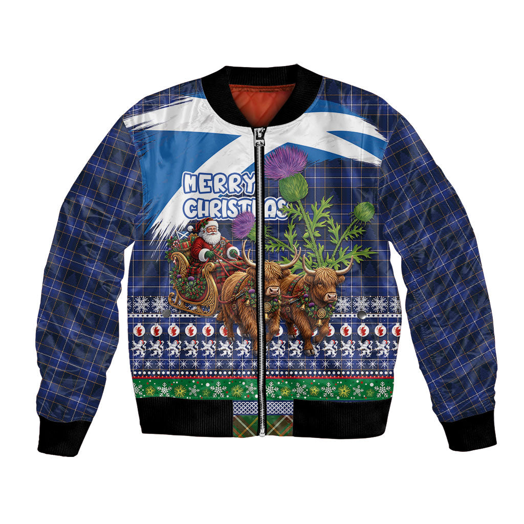 Scotland Christmas Bomber Jacket Scottish Santa Claus Riding Highland Cow Sleigh