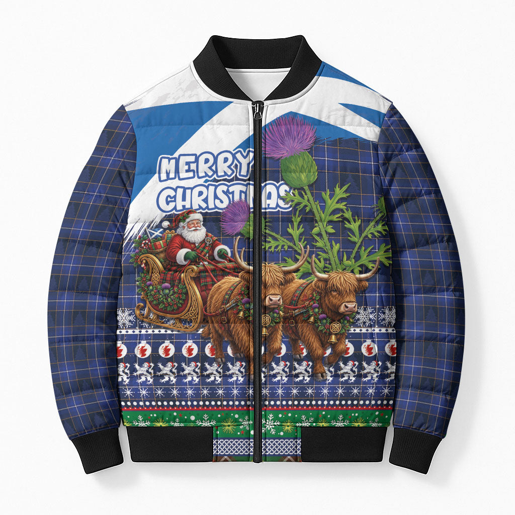 Scotland Christmas Bomber Puffer Jacket Scottish Santa Claus Riding Highland Cow Sleigh