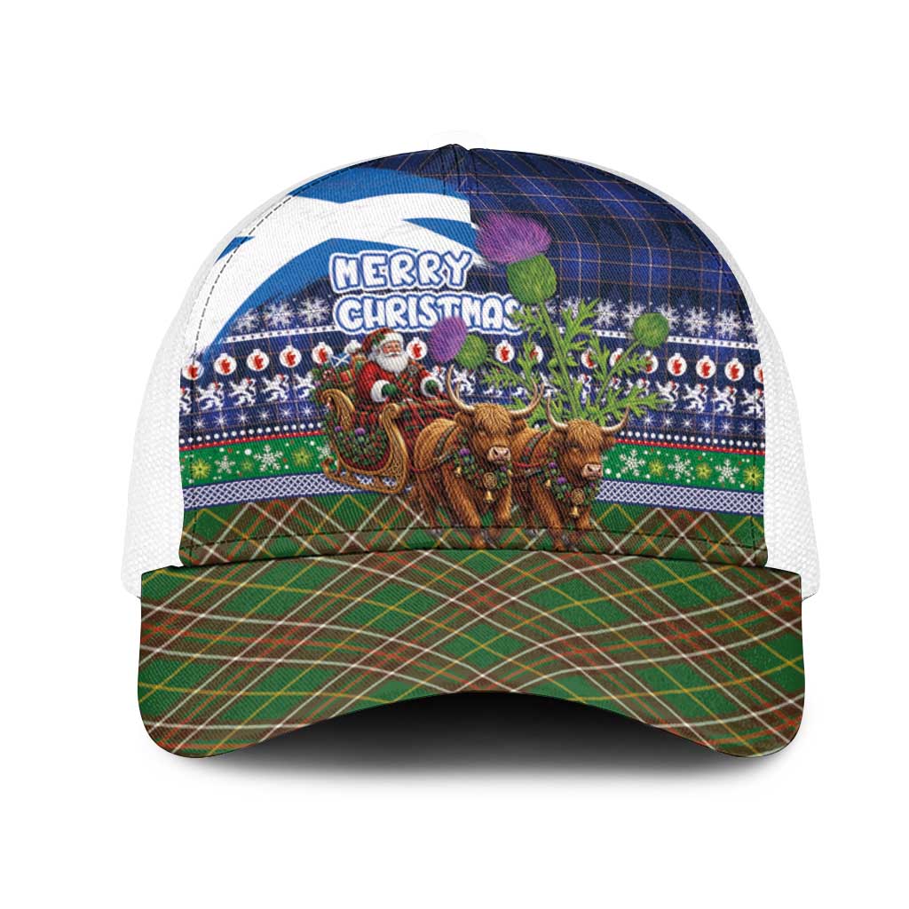 Scotland Christmas Mesh Trucker Cap Scottish Santa Claus Riding Highland Cow Sleigh