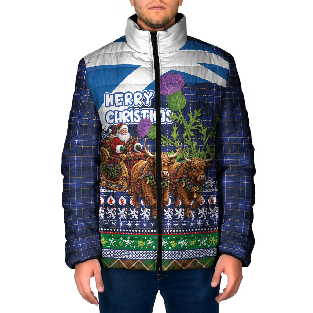 Scotland Christmas Padded Jacket Scottish Santa Claus Riding Highland Cow Sleigh