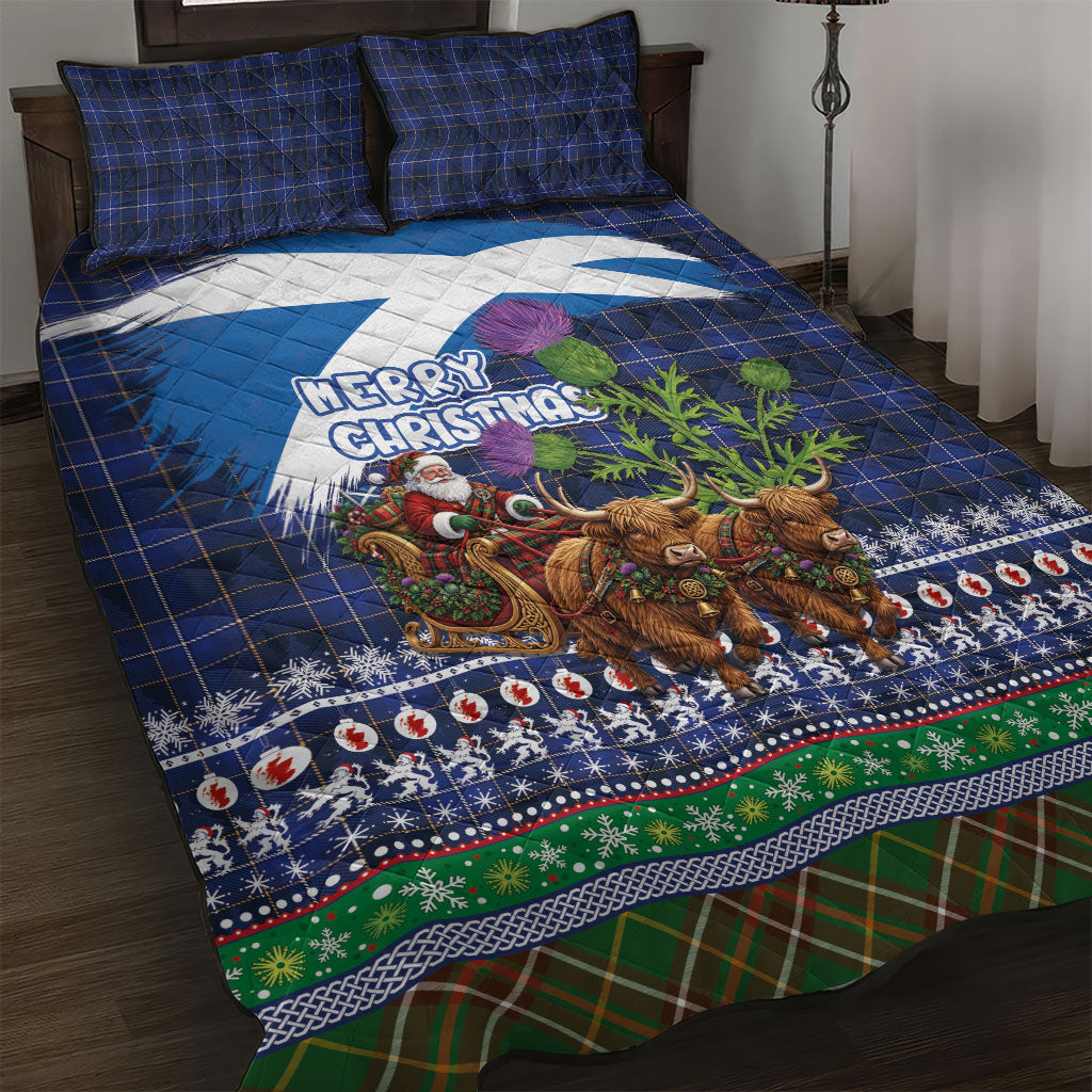 Scotland Christmas Quilt Bed Set Scottish Santa Claus Riding Highland Cow Sleigh
