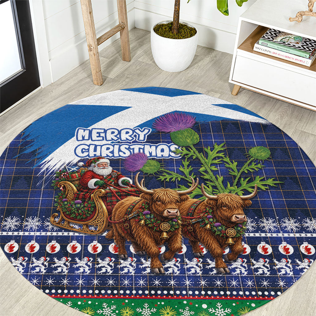 Scotland Christmas Round Carpet Scottish Santa Claus Riding Highland Cow Sleigh