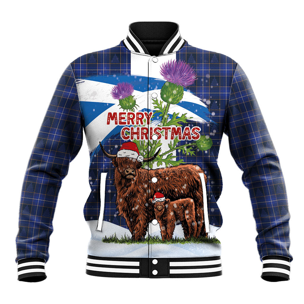 Scotland Christmas Baseball Jacket Funny Xmas Highland Cow with Thistle and Tartan