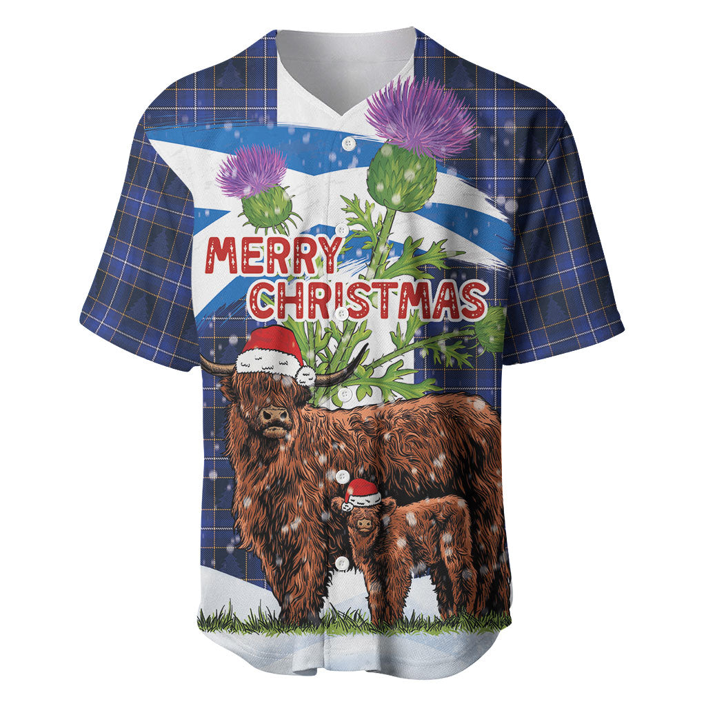 Scotland Christmas Baseball Jersey Funny Xmas Highland Cow with Thistle and Tartan