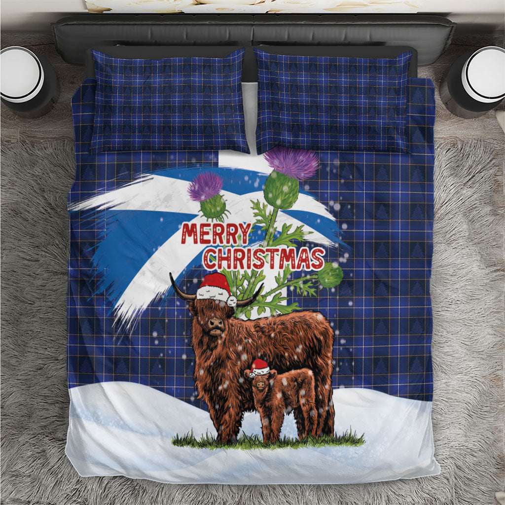 Scotland Christmas Bedding Set Funny Xmas Highland Cow with Thistle and Tartan