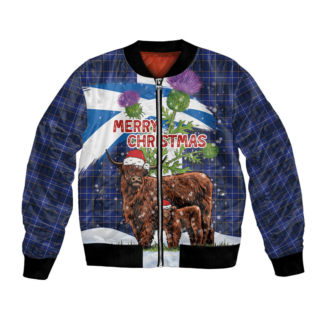 Scotland Christmas Bomber Jacket Funny Xmas Highland Cow with Thistle and Tartan