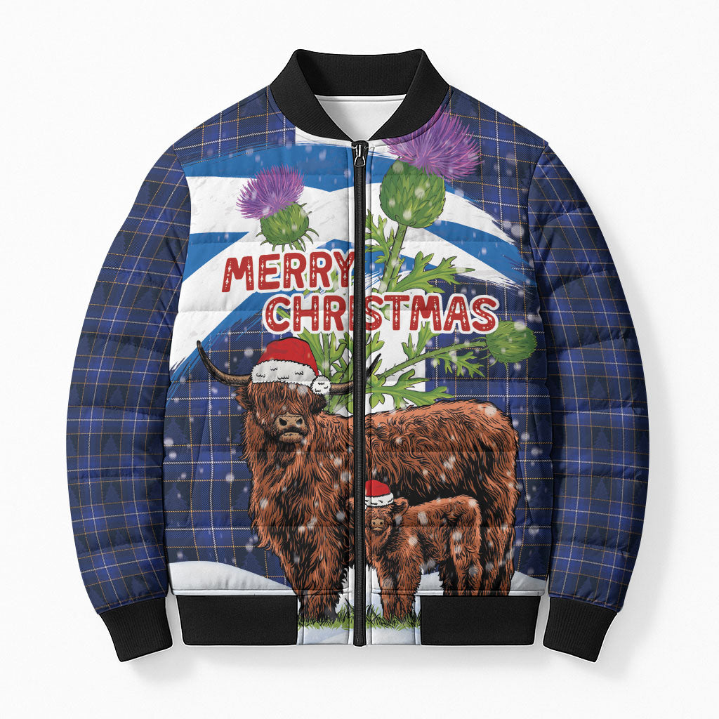 Scotland Christmas Bomber Puffer Jacket Funny Xmas Highland Cow with Thistle and Tartan