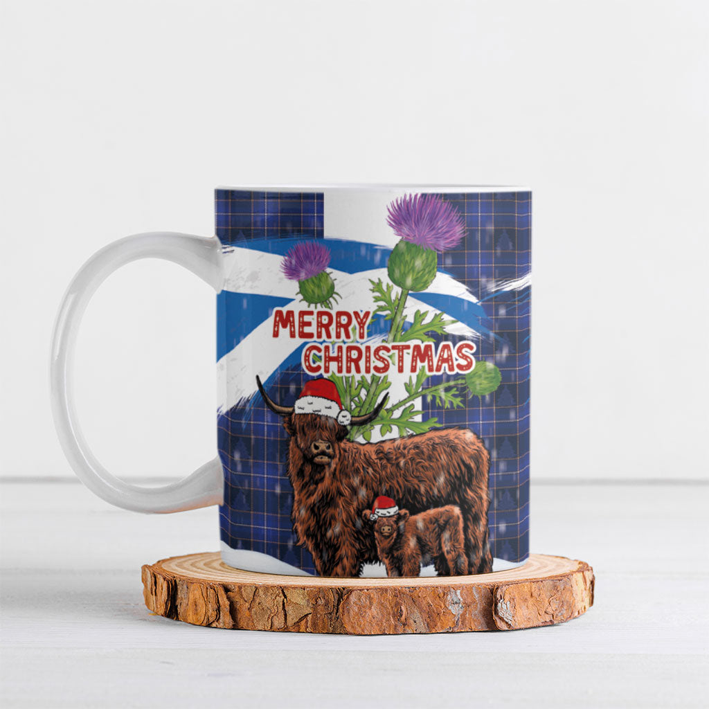 Scotland Christmas Ceramic Mug Funny Xmas Highland Cow with Thistle and Tartan