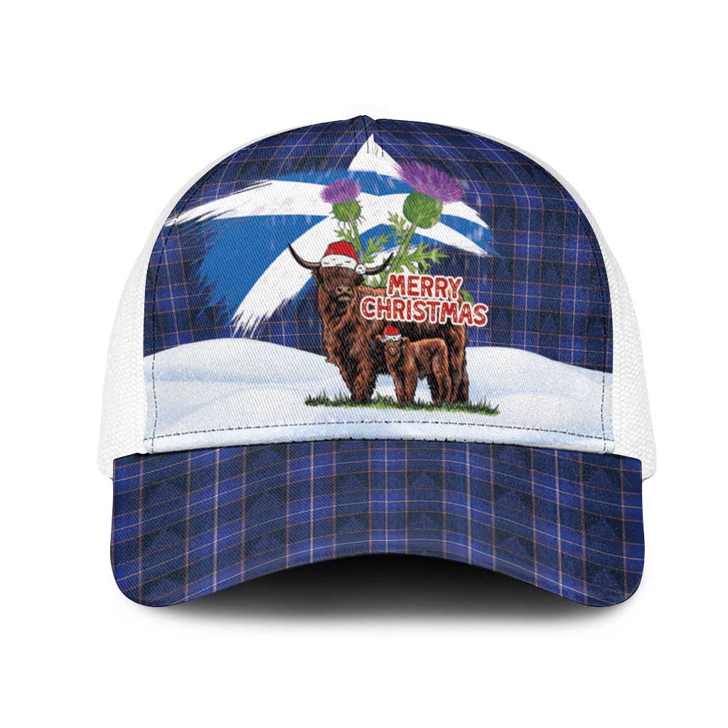 Scotland Christmas Mesh Trucker Cap Funny Xmas Highland Cow with Thistle and Tartan