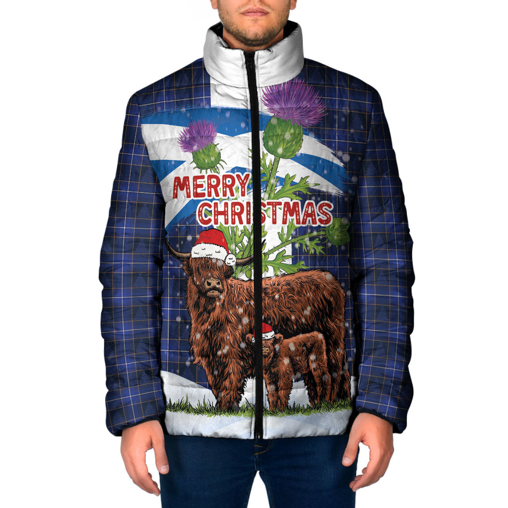 Scotland Christmas Padded Jacket Funny Xmas Highland Cow with Thistle and Tartan