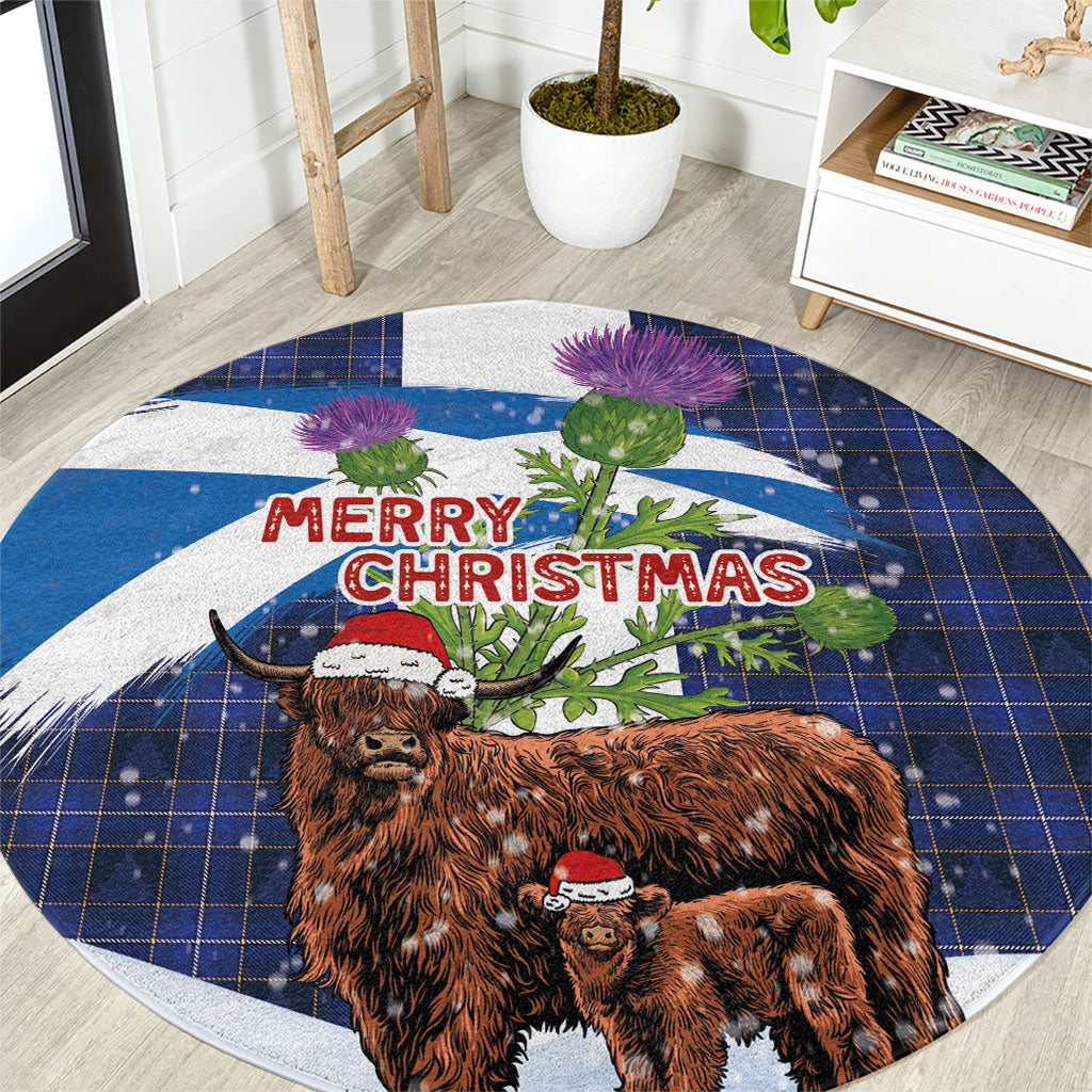 Scotland Christmas Round Carpet Funny Xmas Highland Cow with Thistle and Tartan