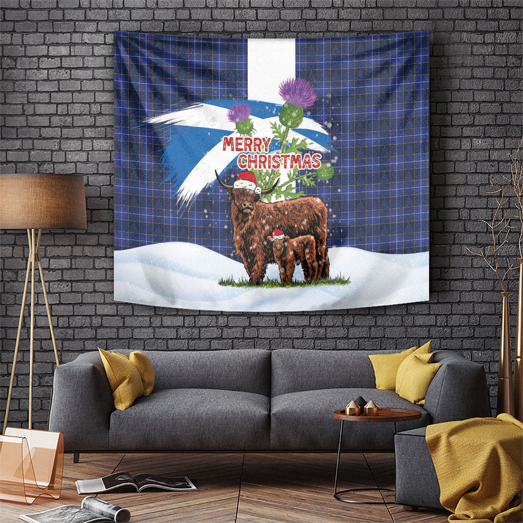 Scotland Christmas Tapestry Funny Xmas Highland Cow with Thistle and Tartan