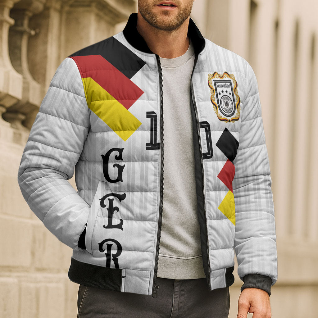 German Football Custom Bomber Puffer Jacket Retro Geometric Flag Stripe Heritage Shield Design