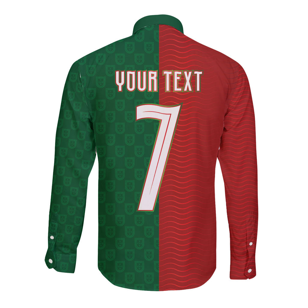 Portuguese Football Custom Long Sleeve Button Shirt Wave Pattern Heritage Crest