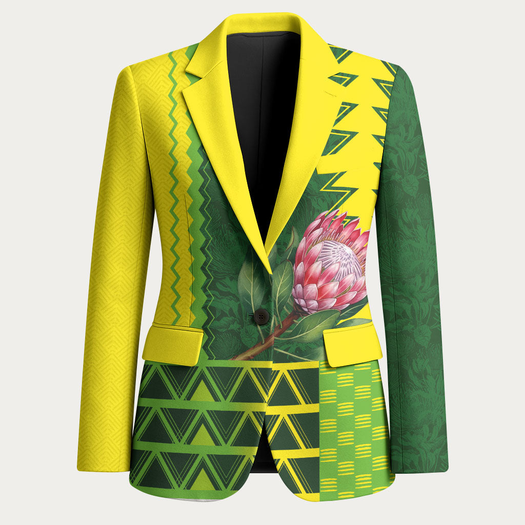 Custom South Africa National Football Blazer King Protea with African Tribal Geometric Pattern Culture Art